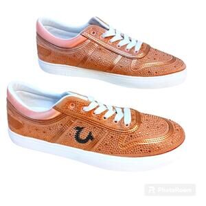 True Religion Rhinestone Sneakers Sz 10 Rose Gold Luxe Embellished Trainers $125